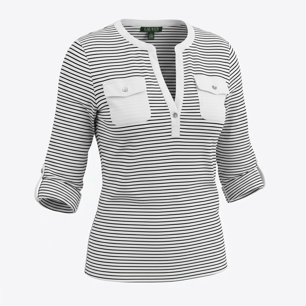 Lauren Ralph Lauren Striped Top Womens Large White Black Roll Tab Sleeve Pocket